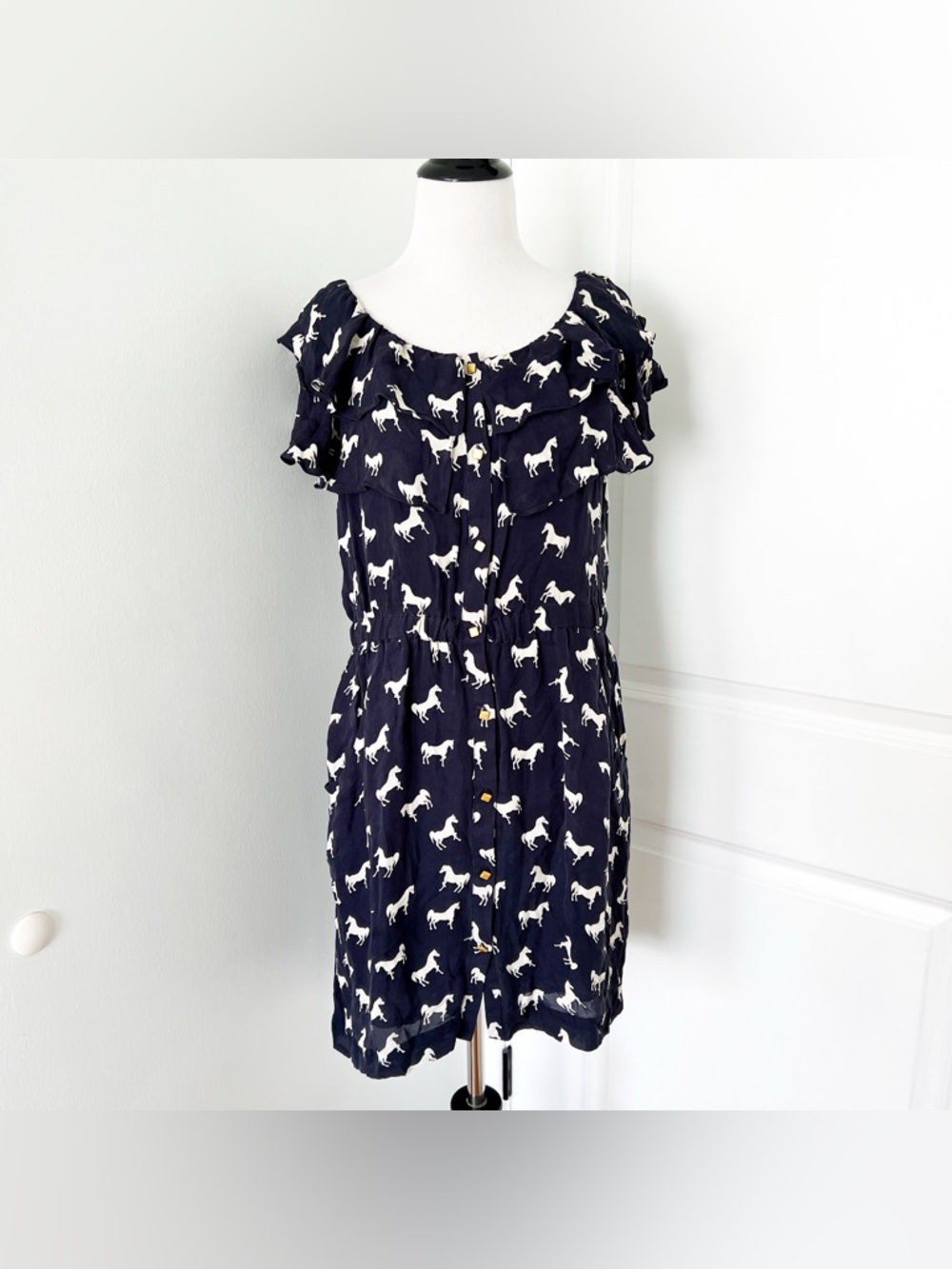 leifsdottir Silk Navy Dress with White Horse Print - Size 8